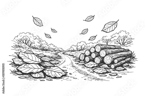 Autumn Landscape with Wood Log Pile and Falling Leaves in Vintage Engraving Style Vector Illustration Featuring a Rural Path and Deciduous Trees.