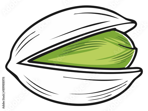 Cartoon Style Illustration of Single Open Pistachio Nut with Green Kernel
