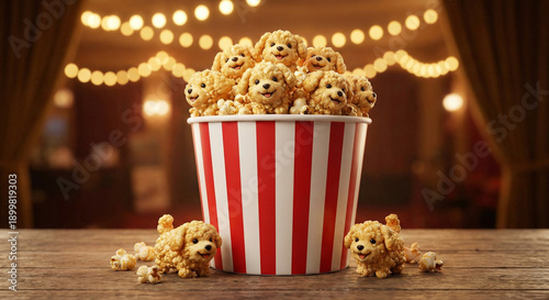 Whimsical scene of fluffy poodle puppies joyfully overflowing from a red and white striped popcorn bucket, set on a wooden surface against a blurred, festive cinema background with warm lights