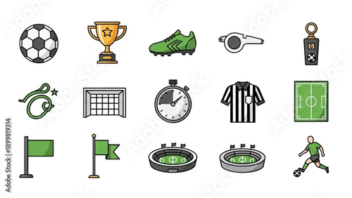 Collection of sports icons representing various football elements and activities from different viewpoints.