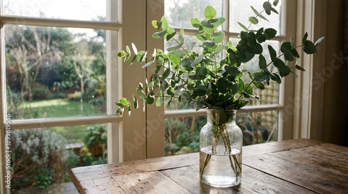 Sunlit rustic wooden table with eucalyptus bouquet in clear glass vase by window, natural home interior for lifestyle banner or website