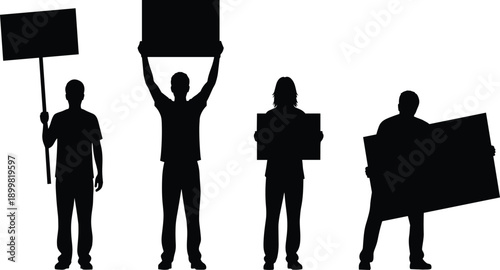 Black silhouettes of diverse people holding blank protest signs and placards isolated on white background for social justice activism and public demonstration concepts