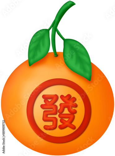 Chinese new year orange with a green stalk and green leaves, embossed on the peel of orange with Chinese letter “Fa” which means generate, disperse, flourish s for greeting, transparent background. 