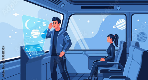 Futuristic space journey illustration featuring celestial views and technological interfaces