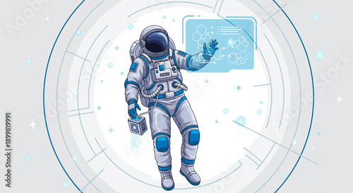 Futuristic spaceman interacts with virtual interface, symbolizing space exploration and future
