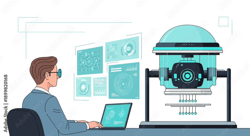 Fototapeta premium Futuristic technological interface visualization featuring a scientist and advanced equipment