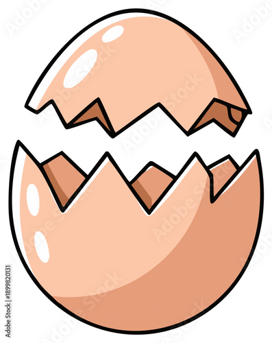 Cracked open brown eggshell cartoon illustration for new life and beginning concepts