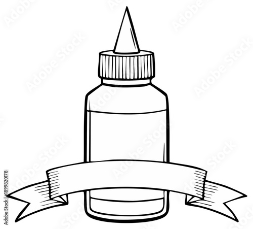 Black outline drawing of an empty squeeze applicator bottle with a pointed nozzle and a blank customizable ribbon banner