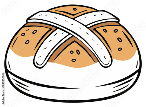 Illustrated hot cross bun with white icing cross and small seeds on golden brown crust