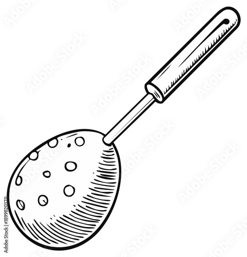 Black and white illustration of a slotted spoon kitchen utensil