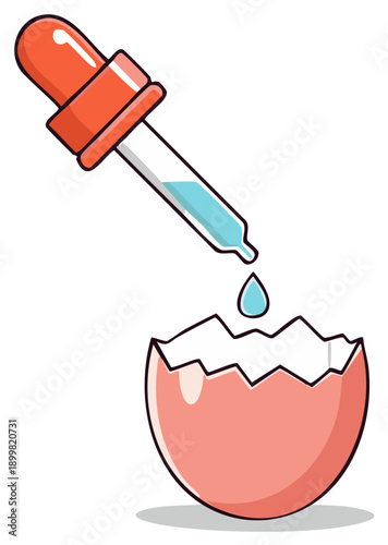 Pipette drops liquid into cracked eggshell concept for new life or creation