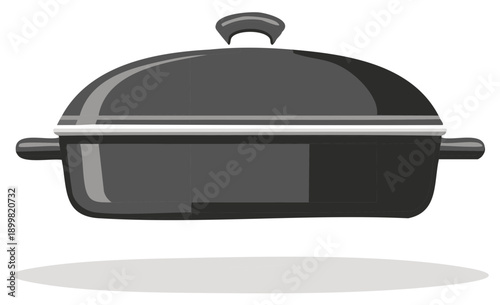 Classic black casserole dish with lid for baking and cooking isolated illustration