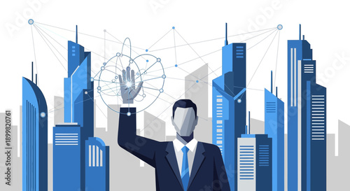 Futuristic urban landscape and technology convergence illustration with networking