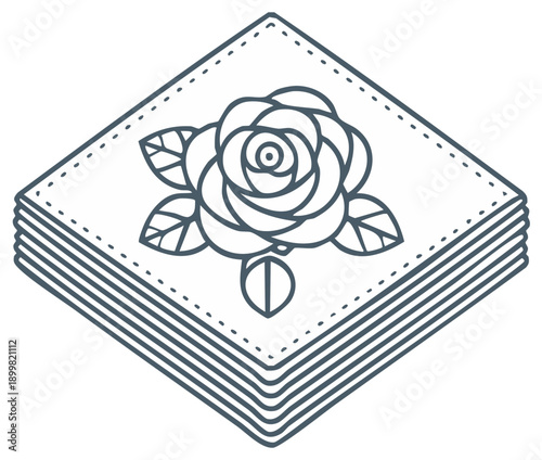 Stack of square napkins with a rose design creating a clean line art decorative accent for paper goods