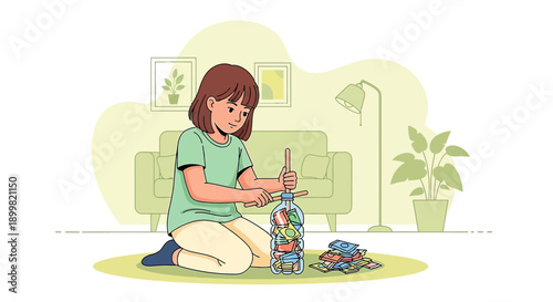 Girl saving money in a bottle using wooden sticks, promoting financial literacy and security for