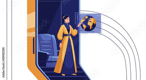 Futuristic world traveler navigating a virtual earth globe inside a modern spacecraft interface