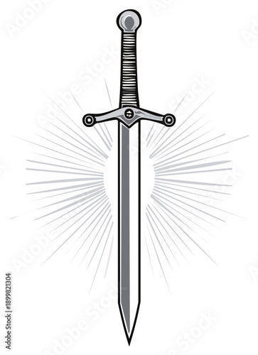 Stylized illustration of a medieval sword with radial light burst in grayscale