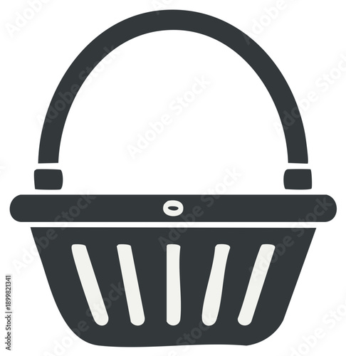 Simple dark gray shopping basket icon with a handle and slotted sides for carrying goods