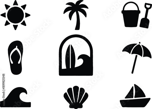 Summer beach and ocean vector icons, sun, surf, and tropical elements