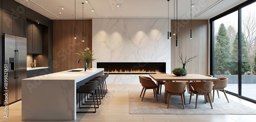 Modern open plan living space with kitchen island and dining area. Features a long fireplace with fire flames, sleek cabinetry, and large windows. Elegant contemporary home interior design.