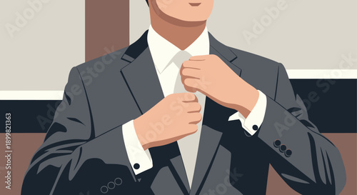 Illustration of a businessman adjusting his tie. Ideal for business, corporate, finance, and lifestyle themes. Represents professionalism, confidence, and style.