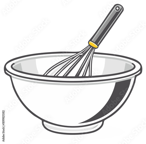Illustration depicts a whisk in a bowl. A gray handle extends to the whisk and a grey interior is featured in the bowl.