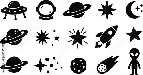 Space exploration vector icons, astronauts, rockets, planets, and aliens