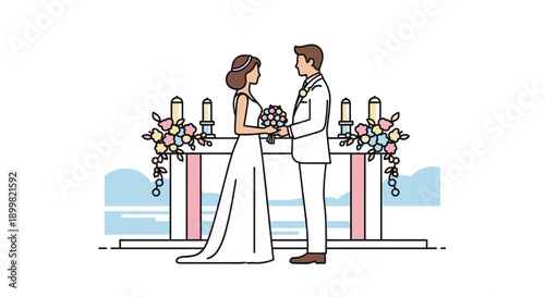 A minimalist illustration of a wedding ceremony, featuring a bride and groom exchanging vows at an altar. Ideal for wedding invitations, websites, and announcements.