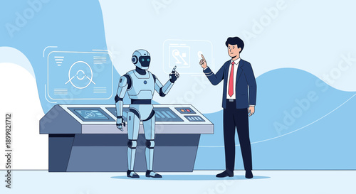 Human and Robot Working Together on Futuristic Interface, Showcasing Collaboration and