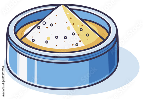 Cartoon illustration of round tin can with lid and contents, food storage container