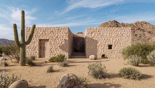 Desert Building Stands Among Rocks and Cactus Under Blue Sky in the Daylight