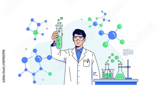 Illustration of a chemist holding a test tube in a modern laboratory environment showing molecules