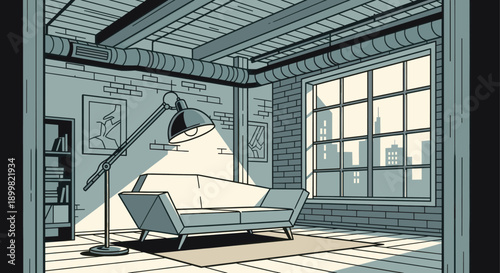 An illustration of a cozy, minimalist apartment. Features a sofa, floor lamp, and large window with a city skyline view. Perfect for interior design or real estate concepts.