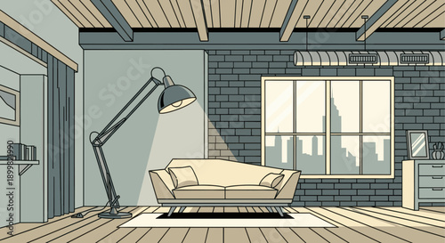 An illustration of a cozy, minimalist apartment. Features a sofa, floor lamp, and large window with a city skyline view. Perfect for interior design or real estate concepts.