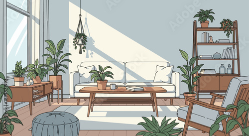 Illustrated living room interior with white sofa, wooden furniture, and lots of plants bathed in sunlight. Ideal for home decor, lifestyle, and interior design themes.