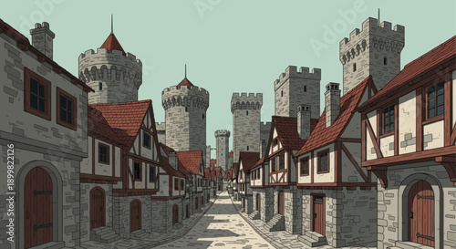 An illustrated cartoon-style medieval town scene with stone buildings, red roofs, and castle towers. Ideal for fantasy, gaming, or historical themed projects.