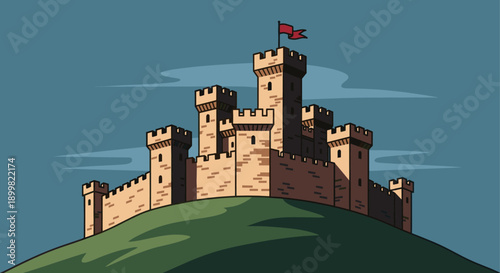 Illustration of a cartoon medieval castle sitting atop a green hill against a blue sky. Ideal for children's books, games, fantasy concepts, or historical projects.