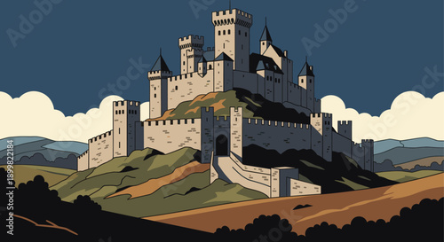 Colorful cartoon illustration of a medieval castle atop a hill. Ideal for fantasy stories, game designs, book illustrations, and themed graphics. Evokes wonder and adventure.