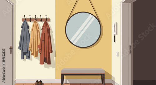 Illustrated hallway featuring coats hanging on a rack, a round mirror, and a bench. Ideal for interior design blogs, home decor articles, or architectural presentations.