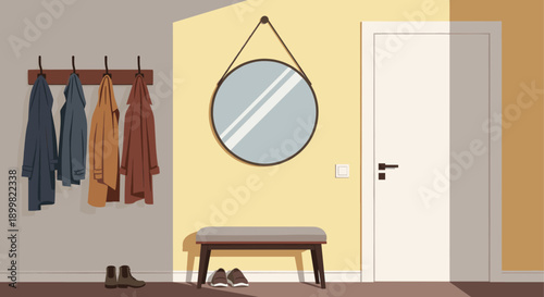 Vector illustration of a modern entryway with coats hanging, a round mirror, bench, and shoes. Ideal for use in interior design blogs, real estate, and lifestyle content.