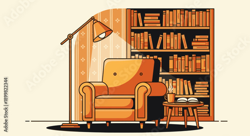 Cartoon style illustration of a cozy reading nook. Features an armchair, floor lamp, coffee table with book and mug, and a full bookcase. Use for blogs, articles, branding, or promotion.