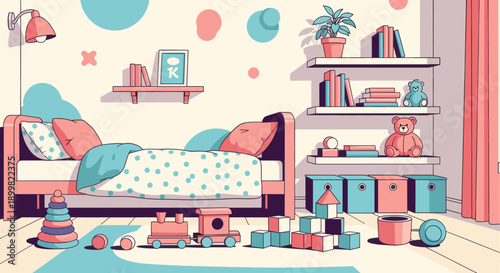 Whimsical illustration of a child's bedroom in pink, blue, and beige. Features bed, toys, shelves, books, and a cozy, playful atmosphere. Ideal for children's content, design, or educational materials