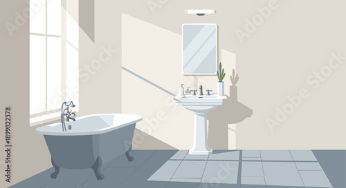 A flat illustration of a peaceful bathroom featuring a bathtub, pedestal sink, mirror, and natural light. Ideal for design, architecture, or lifestyle content.