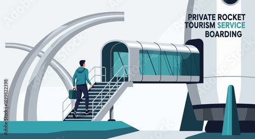 Illustration of a man boarding a rocket for private space tourism service adventure destination