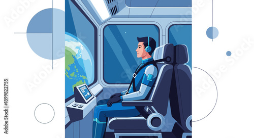 Illustration of a space explorer inside a spacecraft gazing at Earth through a window