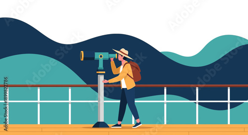 Illustration of a traveler using a telescope on a ship, with an ocean backdrop, perfect for travel