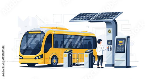 Illustration showcasing sustainable public transport, incorporating solar panels and advanced