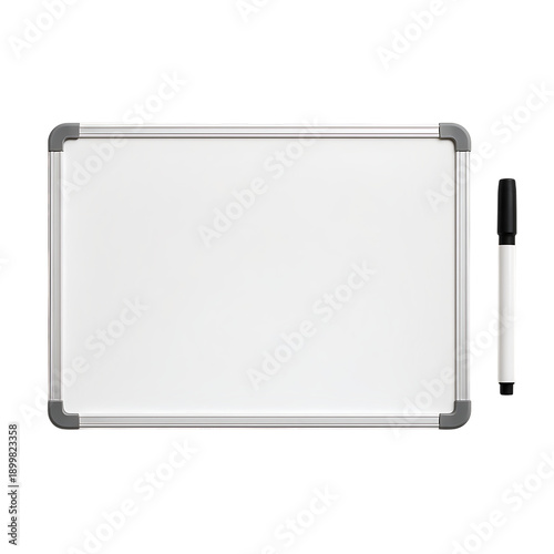 A whiteboard with a marker on the side isolated on transparent background