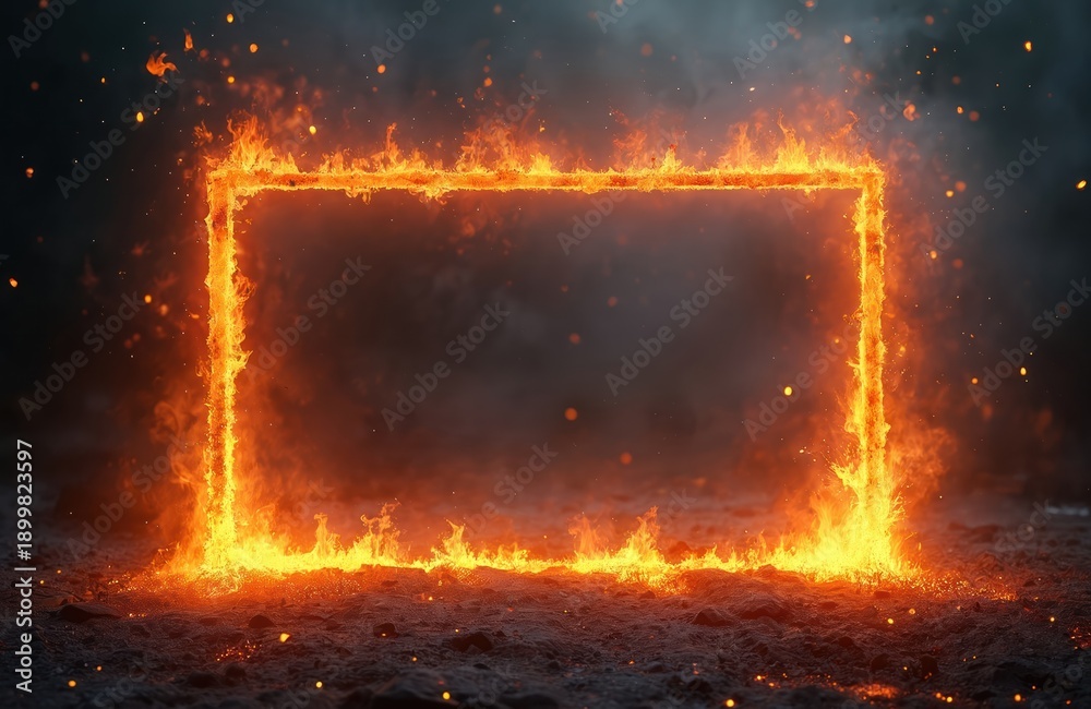 © miss irine - Burning rectangle shape with bright orange flames on dark background. Hot embers fly around, creating a dramatic and energetic abstract graphic with smoke.