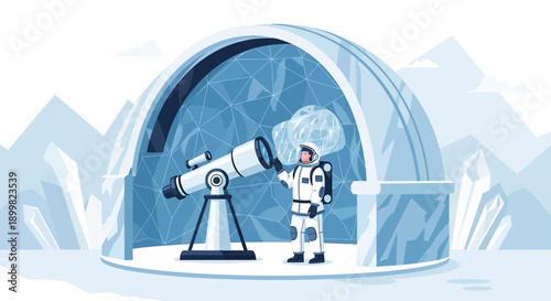 Illustrative depiction of an astronaut utilizing a telescope within an icy observatory to explore